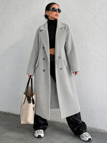 EURMUSE Ladies' Lapel Collar Double-Breasted Woolen Coat - Light Grey - View 5