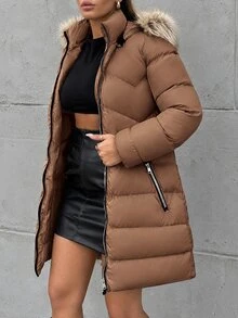 EURMUSE Women's Hooded Spliced Padded Coat Jacket - Rust Brown - View 4