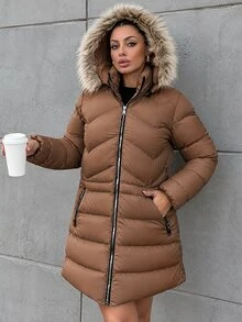 EURMUSE Women's Hooded Spliced Padded Coat Jacket - Rust Brown - View 7