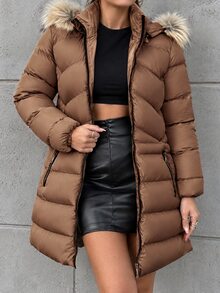 EURMUSE Women's Hooded Spliced Padded Coat Jacket - Rust Brown - View 2