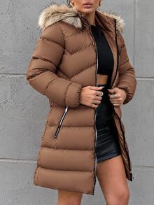 EURMUSE Women's Hooded Spliced Padded Coat Jacket - Rust Brown - View 5
