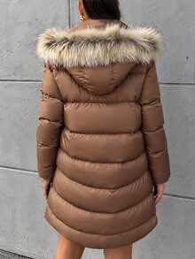 EURMUSE Women's Hooded Spliced Padded Coat Jacket - Rust Brown - View 3