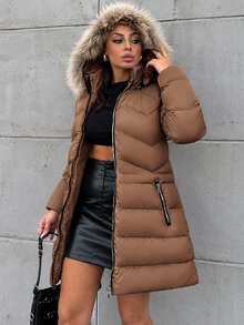 EURMUSE Women's Hooded Spliced Padded Coat Jacket - Rust Brown - View 6