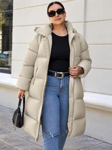EURMUSE Women's Plus Size Hooded Padded Coat - Beige - View 2