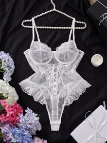 SHEIN 1pc White Lace Semi-Sheer Jumpsuit - White - View 3