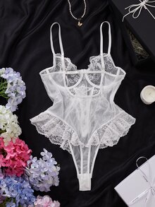 SHEIN 1pc White Lace Semi-Sheer Jumpsuit - White - View 2