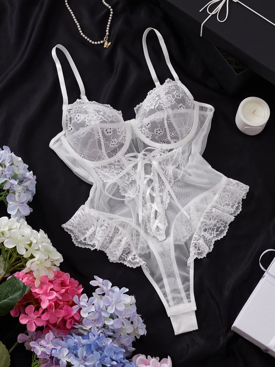 SHEIN 1pc White Lace Semi-Sheer Jumpsuit - White - View 1