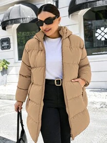 SHEIN Cottnline Women's Plus Size Hooded Padded Coat, For Winter - Khaki - View 6