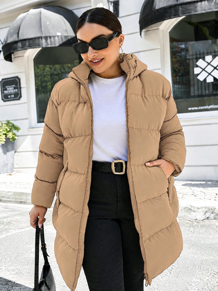 SHEIN Cottnline Women's Plus Size Hooded Padded Coat, For Winter - Khaki - View 5