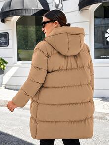 SHEIN Cottnline Women's Plus Size Hooded Padded Coat, For Winter - Khaki - View 3