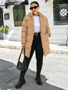 SHEIN Cottnline Women's Plus Size Hooded Padded Coat, For Winter - Khaki - View 5