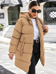 SHEIN Cottnline Women's Plus Size Hooded Padded Coat, For Winter - Khaki - View 4