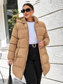 SHEIN Cottnline Women's Plus Size Hooded Padded Coat, For Winter - Khaki - View 2