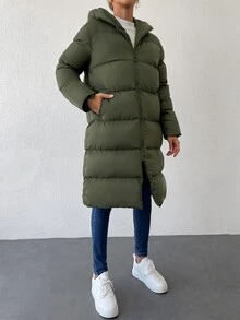 EURMUSE Zip Up Hooded Padded Coat - Dark Green - View 9