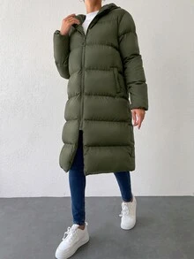 EURMUSE Zip Up Hooded Padded Coat - Dark Green - View 5