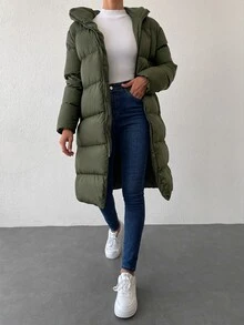 EURMUSE Zip Up Hooded Padded Coat - Dark Green - View 8