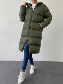 EURMUSE Zip Up Hooded Padded Coat - Dark Green - View 6