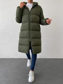 EURMUSE Zip Up Hooded Padded Coat - Dark Green - View 7