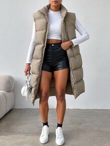 EURMUSE Zip Up Hooded Puffer Vest Coat - Grey - View 5