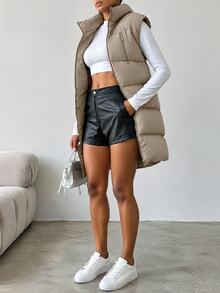 EURMUSE Zip Up Hooded Puffer Vest Coat - Grey - View 7