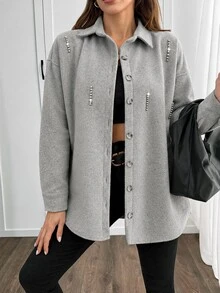 EURMUSE Solid Color , Rhinestone Details, Over Shirt Jacket - Grey - View 4