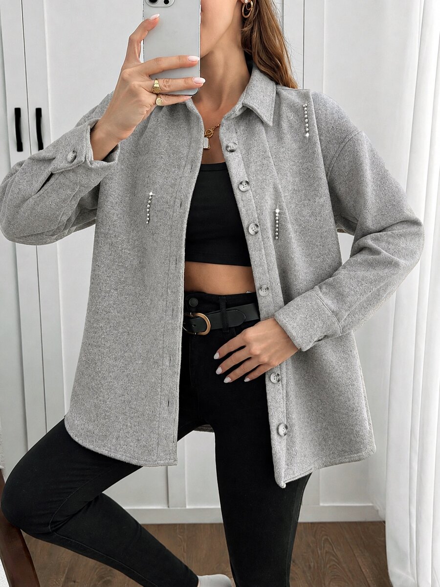 EURMUSE Solid Color , Rhinestone Details, Over Shirt Jacket