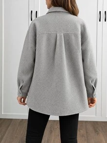 EURMUSE Solid Color , Rhinestone Details, Over Shirt Jacket - Grey - View 3