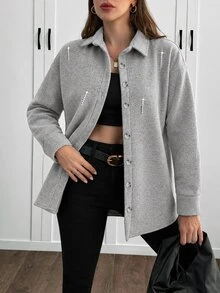 EURMUSE Solid Color , Rhinestone Details, Over Shirt Jacket - Grey - View 6