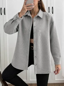 EURMUSE Solid Color , Rhinestone Details, Over Shirt Jacket - Grey - View 5