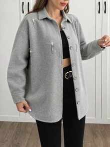 EURMUSE Solid Color , Rhinestone Details, Over Shirt Jacket - Grey - View 7