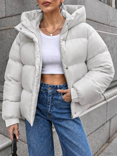 EURMUSE Winter Jacket For Women With Hood And Pockets,Plaid Woven Fashion Coat Solid High Street, Warm And Thick Everyday Going Out White Casual