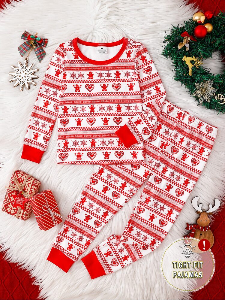 Young Girl Baby Autumn/Winter Pajamas Snug Fit Long Sleeve Pants Christmas Heart - Red - View 3