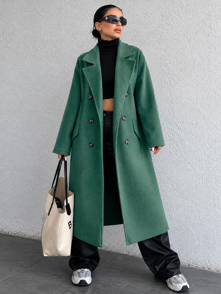 EURMUSE Women's Casual Solid Color Double-Breasted Overcoat, Autumn/Winter - Dark Green - View 4