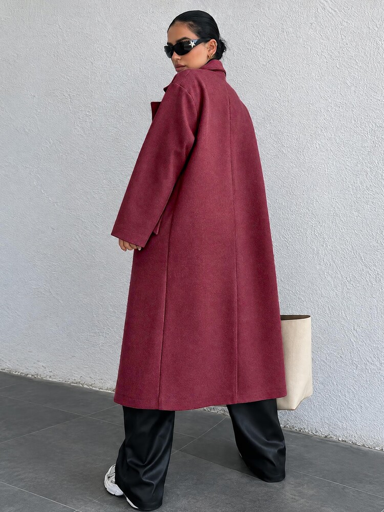 EURMUSE Women's Solid Color Lapel NeckLong Sleeve Double-Breasted Casual Long Overcoat Fall - Burgundy - View 2
