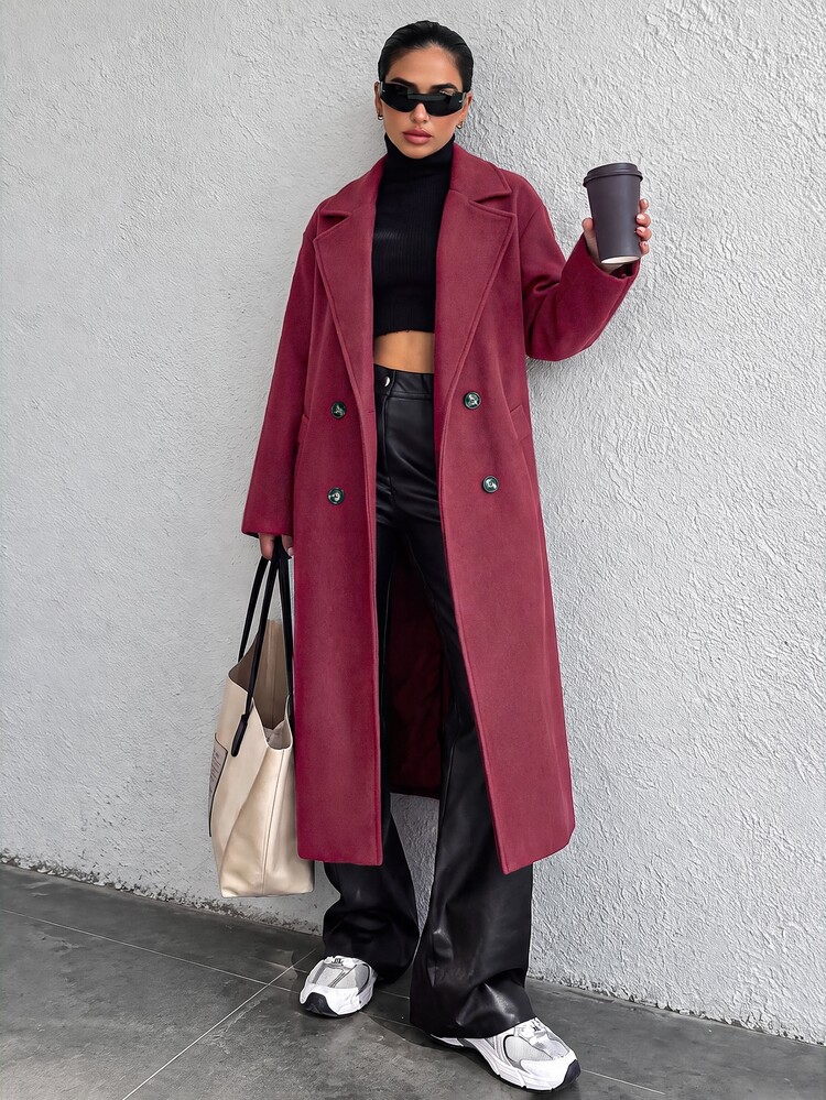 EURMUSE Women's Solid Color Lapel NeckLong Sleeve Double-Breasted Casual Long Overcoat Fall - Burgundy - View 4