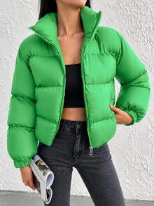 SHEIN Cottnline Zip Up Drop Shoulder Padded Coat - Green - View 1