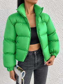 SHEIN Cottnline Zip Up Drop Shoulder Padded Coat - Green - View 4
