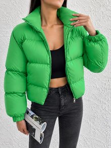 SHEIN Cottnline Zip Up Drop Shoulder Padded Coat - Green - View 3