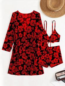 SHEIN Swim 夏天沙灘女士花卉印花前扣綁帶式比基尼套裝，適用於度假 - 彩色 - 查看 5