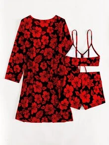 SHEIN Swim 夏天沙灘女士花卉印花前扣綁帶式比基尼套裝，適用於度假 - 彩色 - 查看 3
