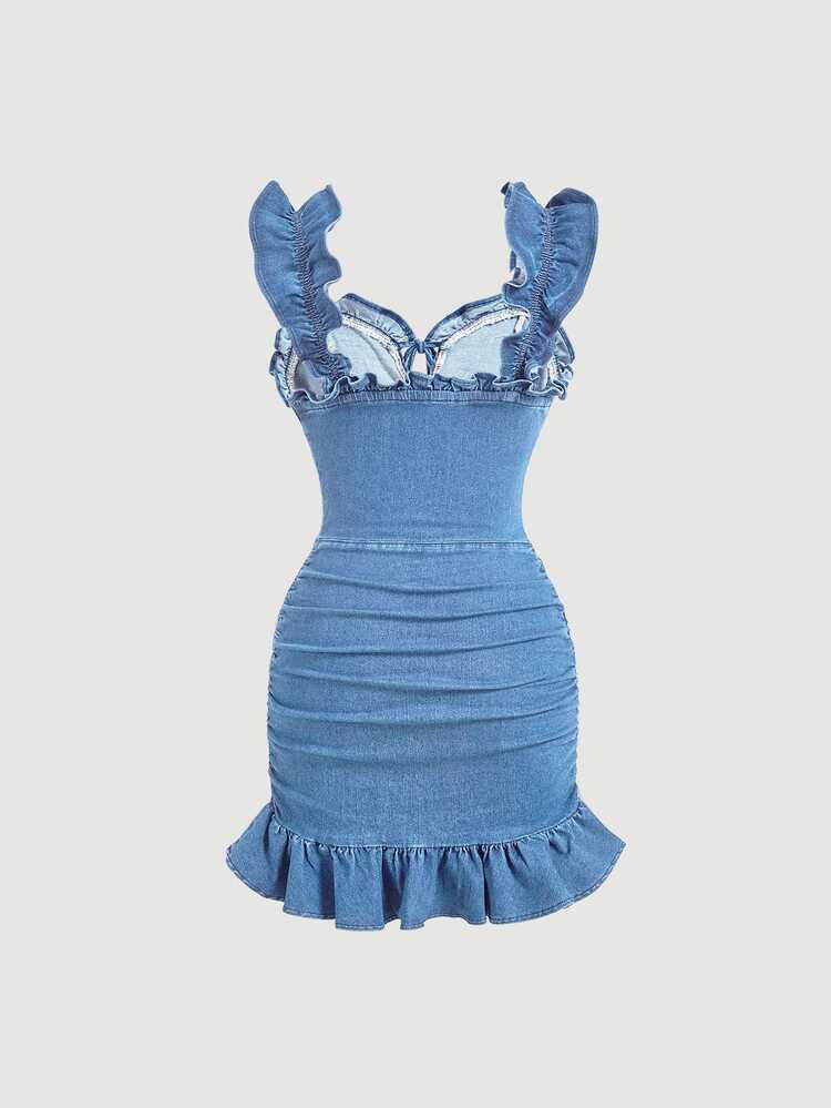 SHEIN MOD Vestido de mezclilla ajustado y fruncido con volantes para mujer, estilo veraniego - Lavado ligero - Añade 2
