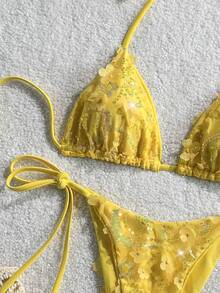 Costavie Swim MOD 2-Piece Floral Sequin Textured Halter Bikini Set, Blue, For Spring/Summer Beach Vacation - Yellow - View 5