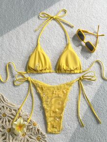 Costavie Swim MOD 2-Piece Floral Sequin Textured Halter Bikini Set, Blue, For Spring/Summer Beach Vacation - Yellow - View 2