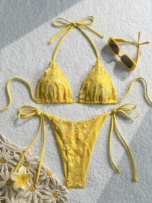 Costavie Swim MOD 2-Piece Floral Sequin Textured Halter Bikini Set, Blue, For Spring/Summer Beach Vacation - Yellow - View 7