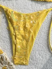 Costavie Swim MOD 2-Piece Floral Sequin Textured Halter Bikini Set, Blue, For Spring/Summer Beach Vacation - Yellow - View 4