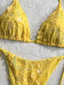 Costavie Swim MOD 2-Piece Floral Sequin Textured Halter Bikini Set, Blue, For Spring/Summer Beach Vacation - Yellow - View 3