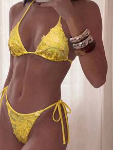 Costavie Swim MOD 2-Piece Floral Sequin Textured Halter Bikini Set, Blue, For Spring/Summer Beach Vacation - Yellow - View 9