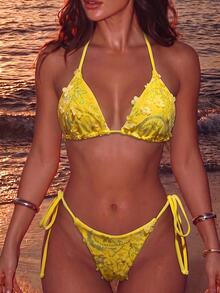 Costavie Swim MOD 2-Piece Floral Sequin Textured Halter Bikini Set, Blue, For Spring/Summer Beach Vacation - Yellow - View 8