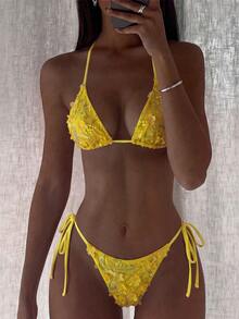 Costavie Swim MOD 2-Piece Floral Sequin Textured Halter Bikini Set, Blue, For Spring/Summer Beach Vacation - Yellow - View 1