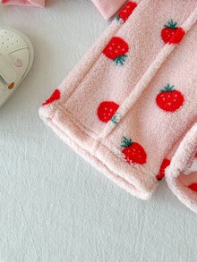 SHEIN Playful Pals 女嬰休閒草莓雙面絨毛立領拉鍊領羅紋袖口長袖上衣與鬆緊腰直筒長褲套裝 冬季 - 粉色 - 查看 4